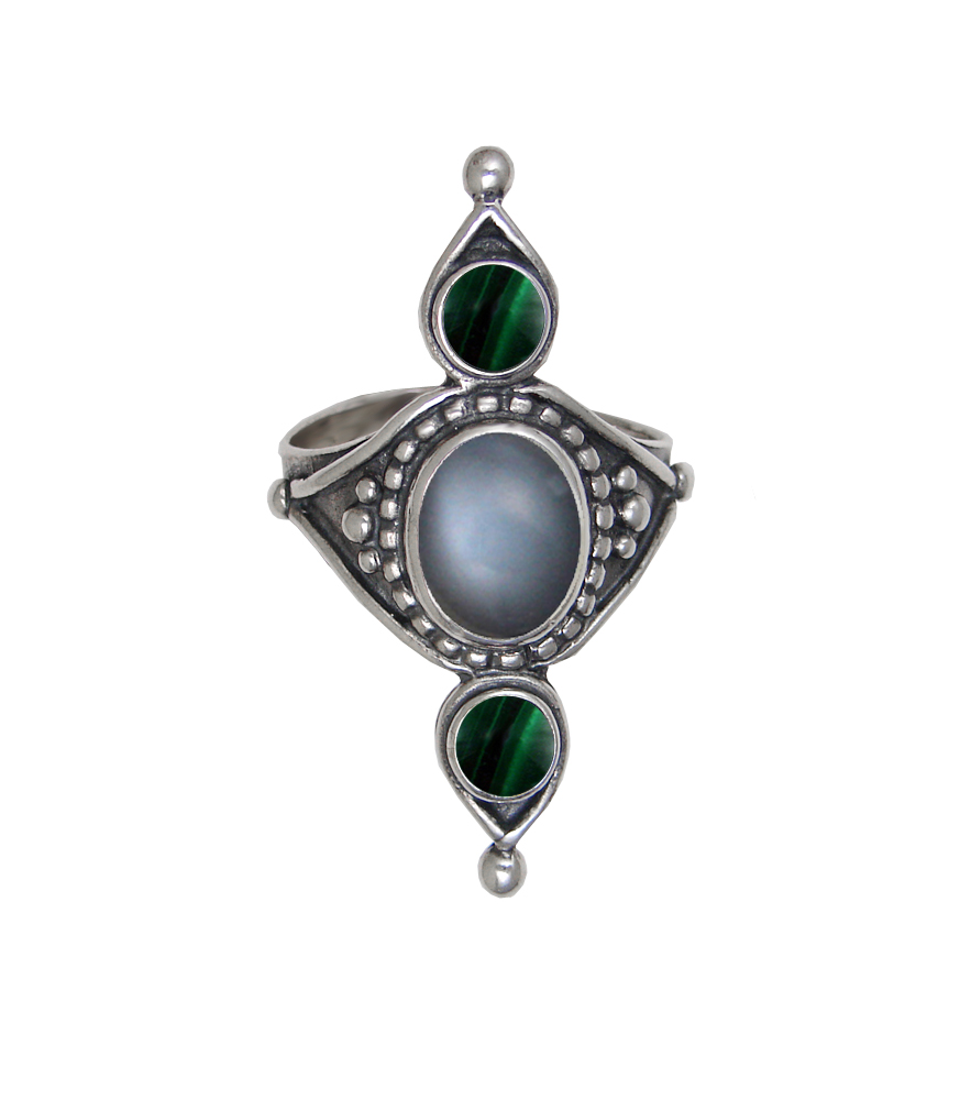 Sterling Silver Royal Ring With Grey Moonstone And Malachite Size 10
